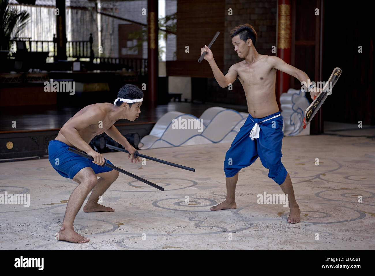 Thailand temple with participants practicing the ancient martial art