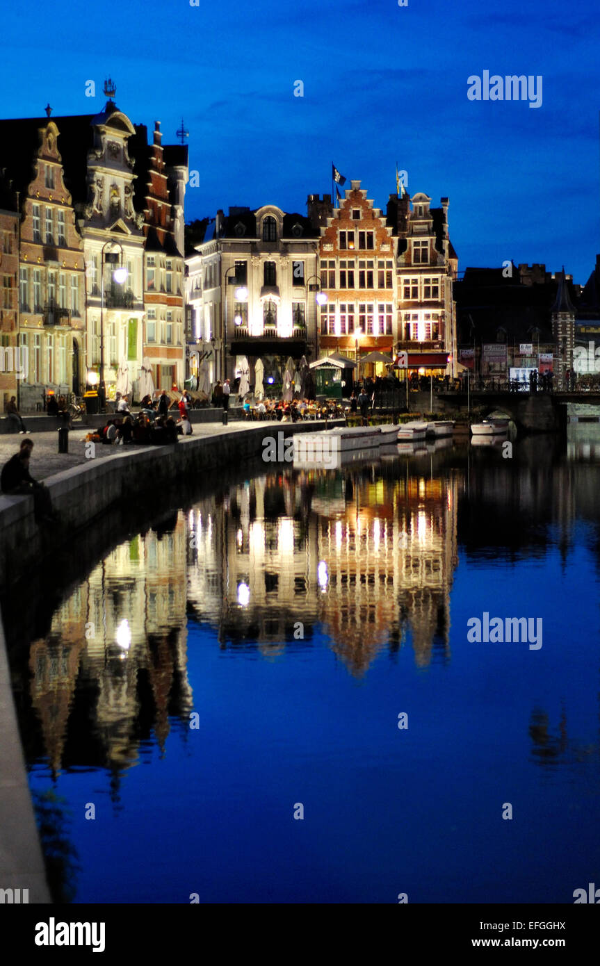 Belgium, Flanders, Ghent, Waterfront Graslei River at Night Stock Photo