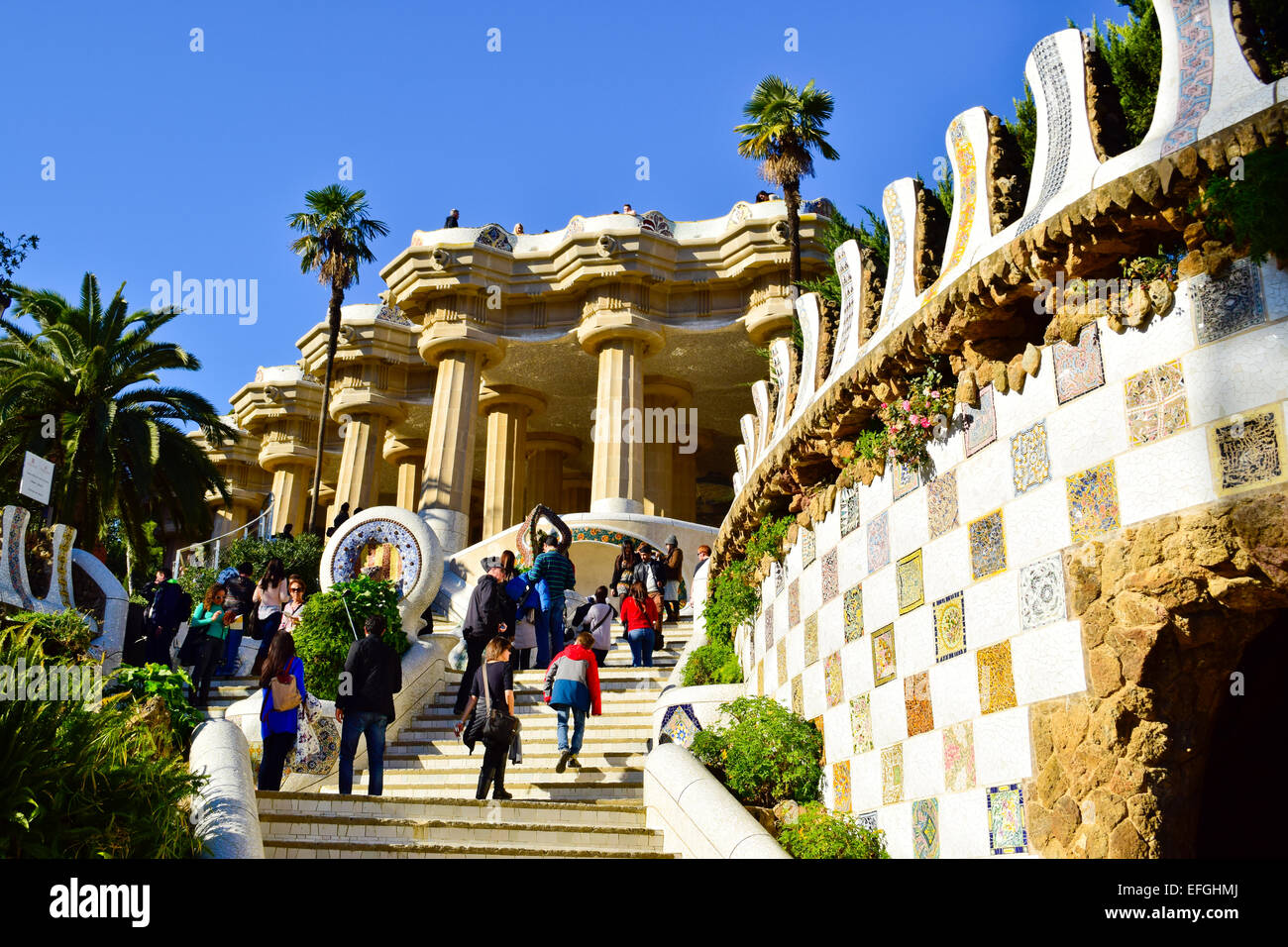 The Dragon Stairway. Park Guell by Antoni Gaudi architect. Barcelona, Catalonia, Spain. Stock Photo