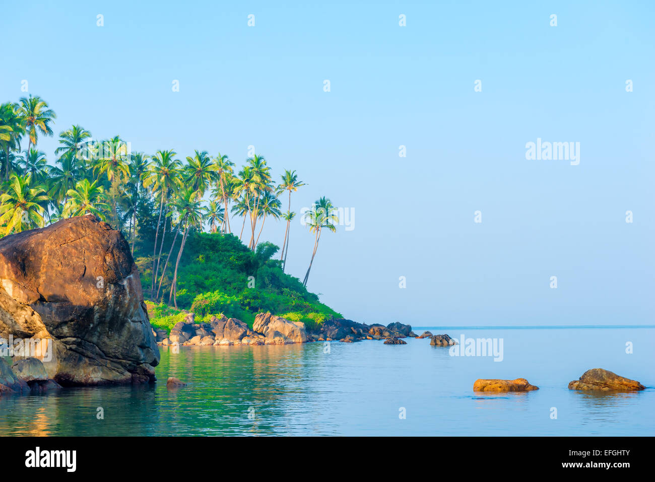 a large boulder in a calm sea and palm trees Stock Photo