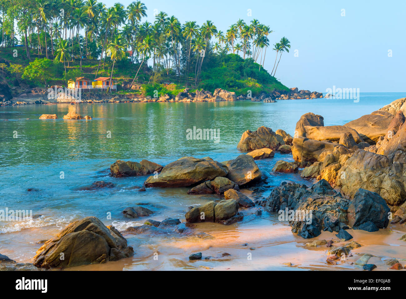 scenic seascape. Large boulders and tall palm trees on the shore Stock Photo