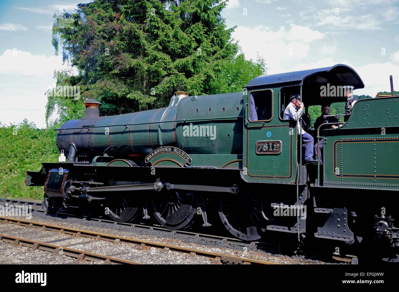 Engine drivers on the footplate of Steam Locomotive 7800 Class 4-6-0 Erlestoke Manor, Highley, England, UK. Stock Photo