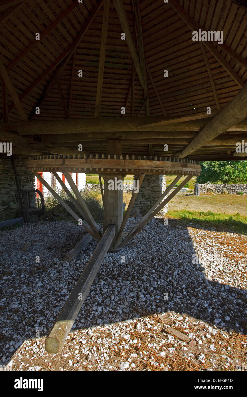 Old horse drawn mill on a farm, which draws a threshing machine