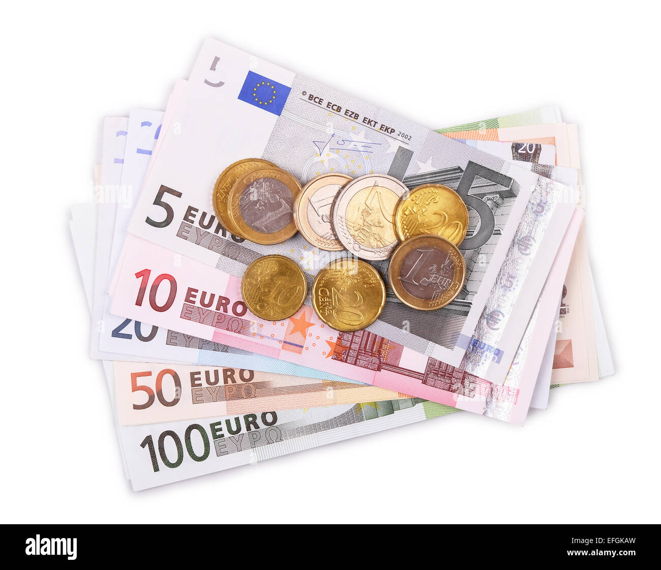 Euro banknotes and coins isolated on white Stock Photo