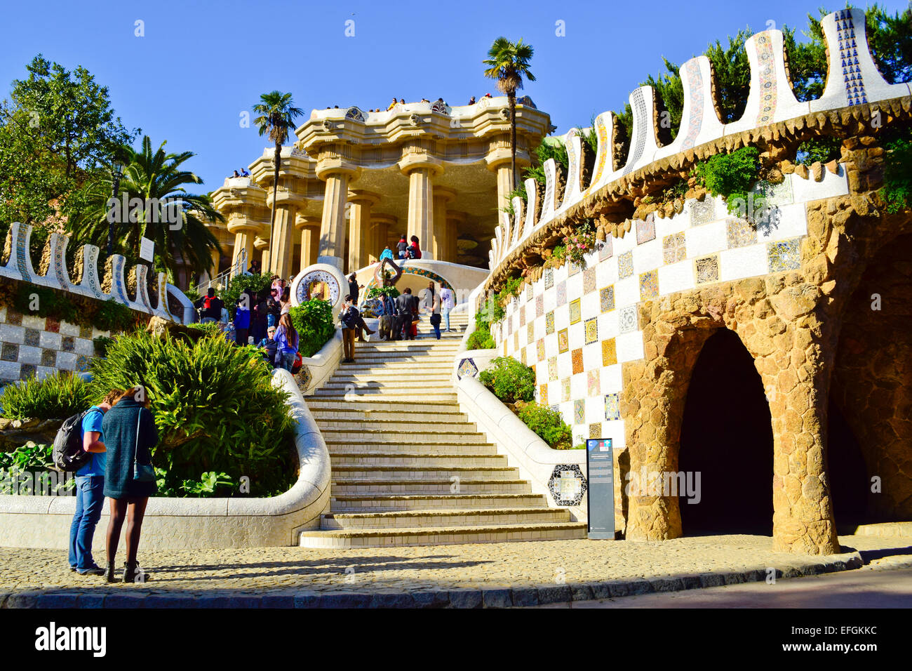 The Dragon Stairway. Park Guell by Antoni Gaudi architect. Barcelona, Catalonia, Spain. Stock Photo