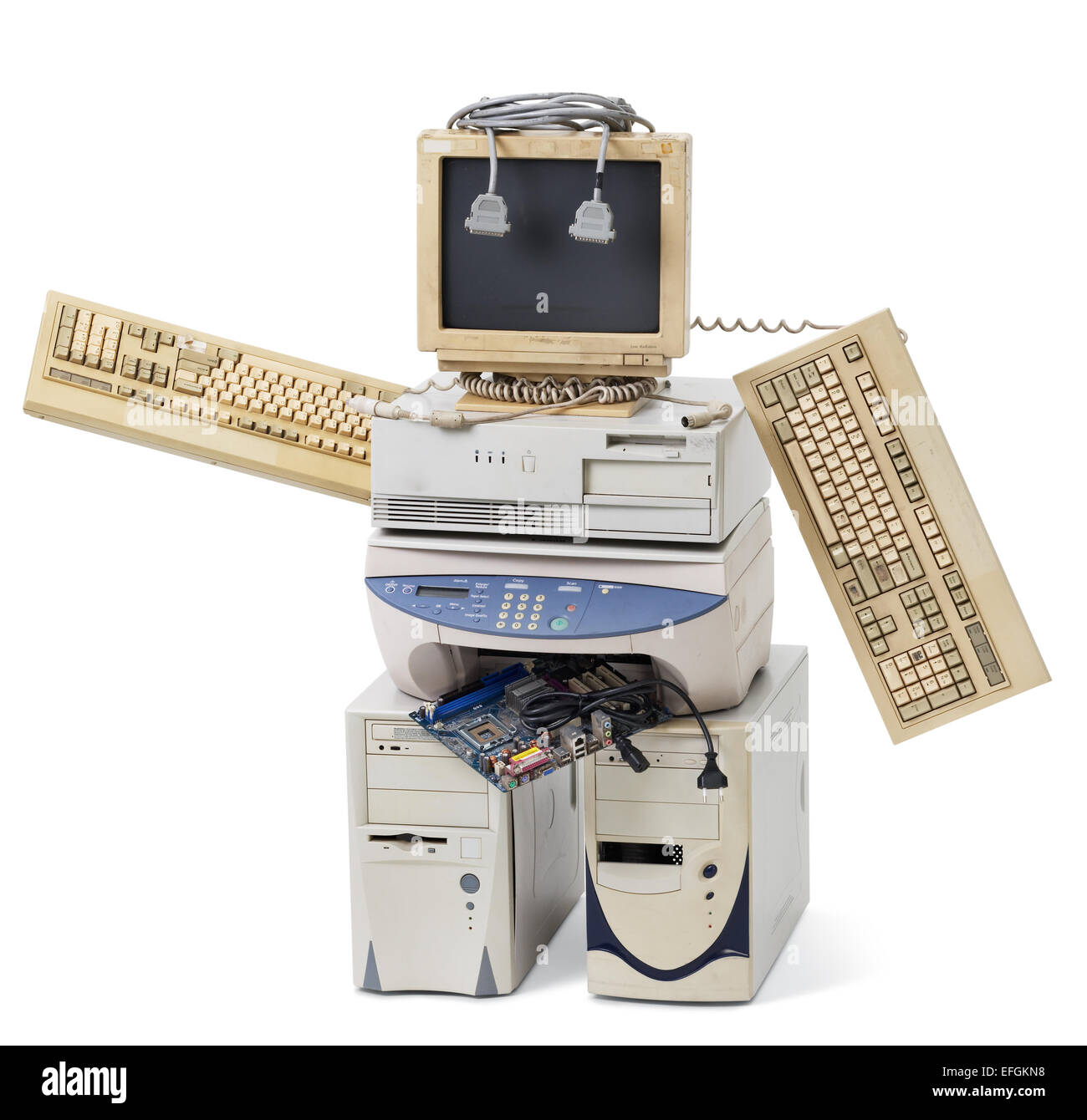 stack of old computer equipment transformed into a robot Stock Photo