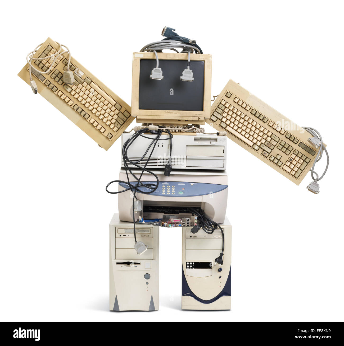stack of old computer equipment transformed into a robot Stock Photo