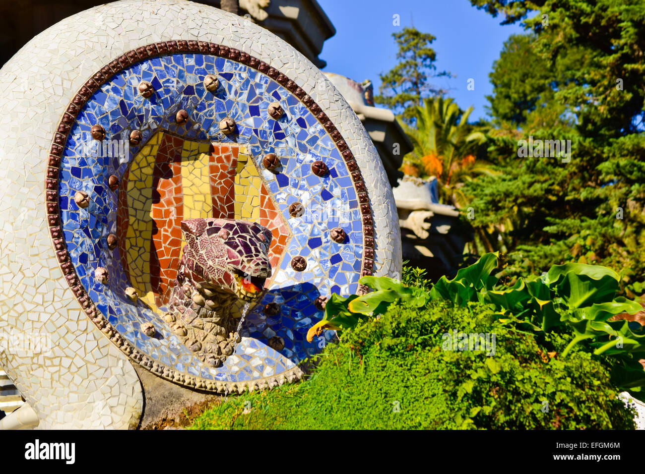 Dragon Head With Shield Of Catalonia Park Guell By Antoni Gaudi Stock Photo Alamy