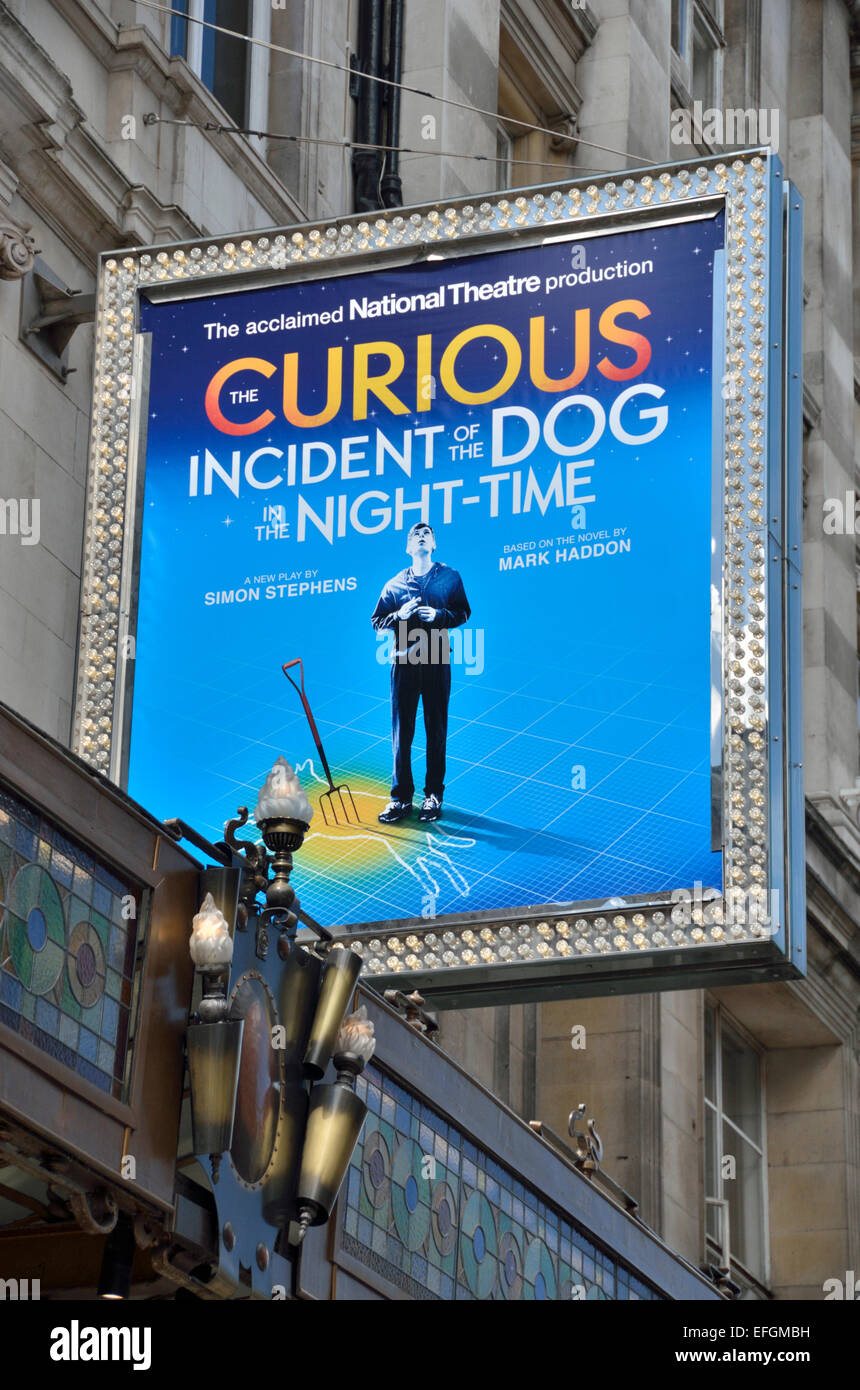 Large billboard promoting the play The Curious Incident of the Dog in the Night-Time, outside the Apollo Theatre, London, UK Stock Photo