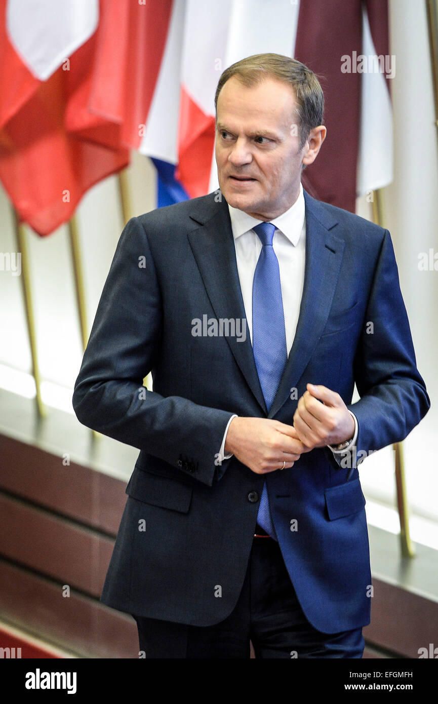 Brussels, Bxl, Belgium. 4th Feb, 2015. Donald Tusk, the president of the European Council prior to a meeting at the EU Council headquarters in Brussels, Belgium on 04.02.2015 Greek Prime Minister Alexis Tsipras meets heads of EU institutions part of his tour of European capitals to press their demands for debt relief. by Wiktor Dabkowski Credit:  Wiktor Dabkowski/ZUMA Wire/Alamy Live News Stock Photo
