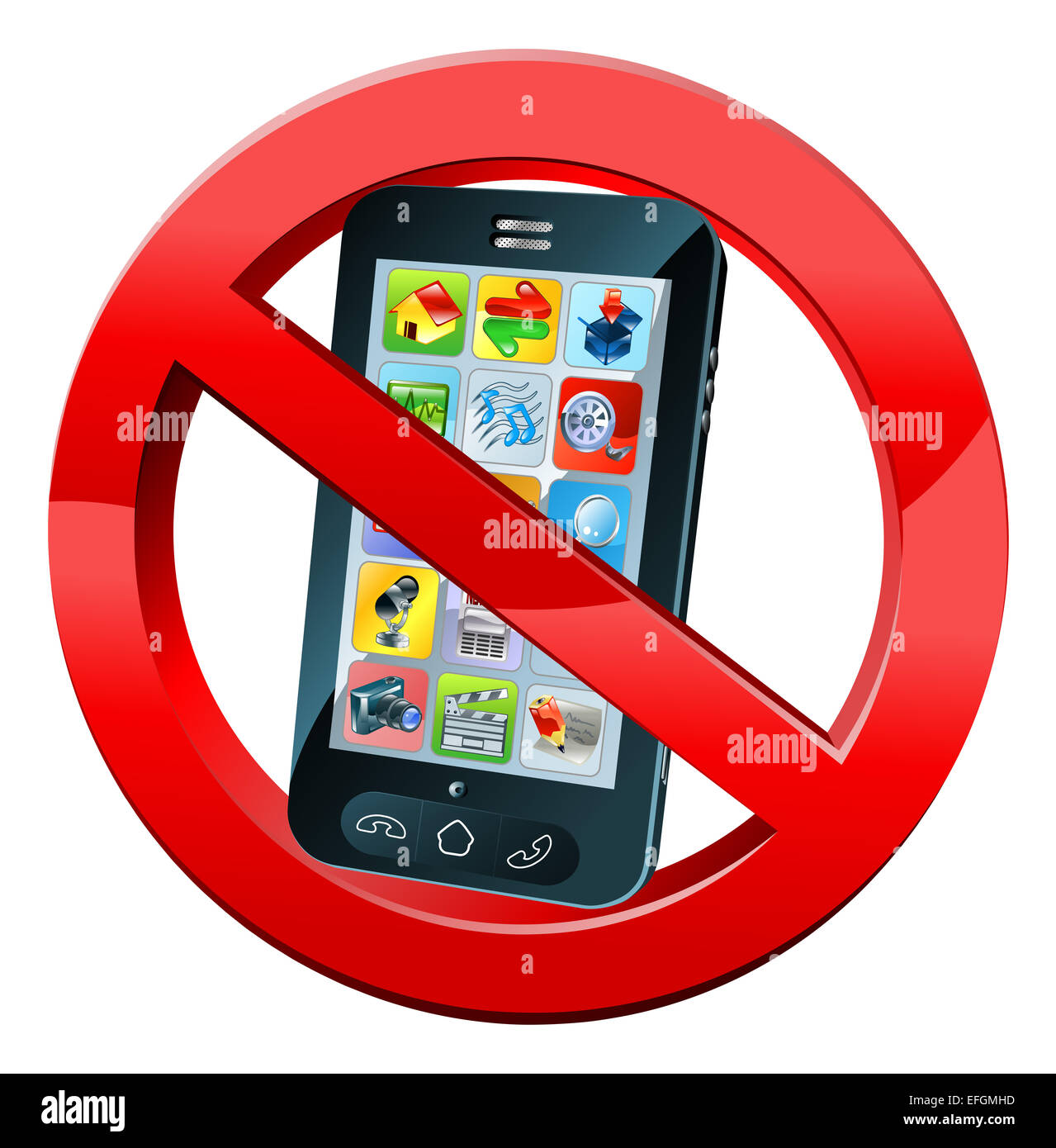 A no mobile phone or please turn off phones sign with a mobile phone in a red crossed circle Stock Photo