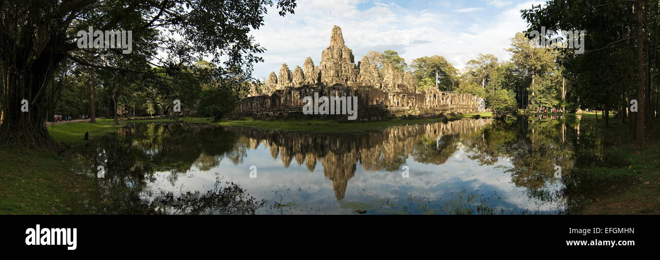 Panoramic image of the Bayon Temple with pool reflection, Angkor Wat