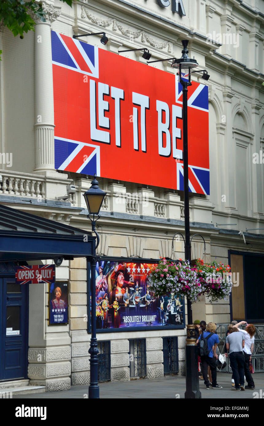 Billboard promoting the Beatles musical ’Let it Be’ outide the Garrick Theatre, London, UK Stock Photo