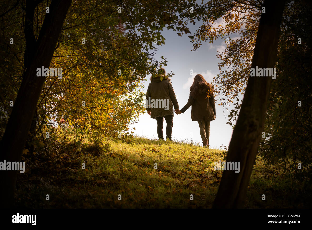 Lovers holding hands walking in the autumn park Stock Photo - Alamy