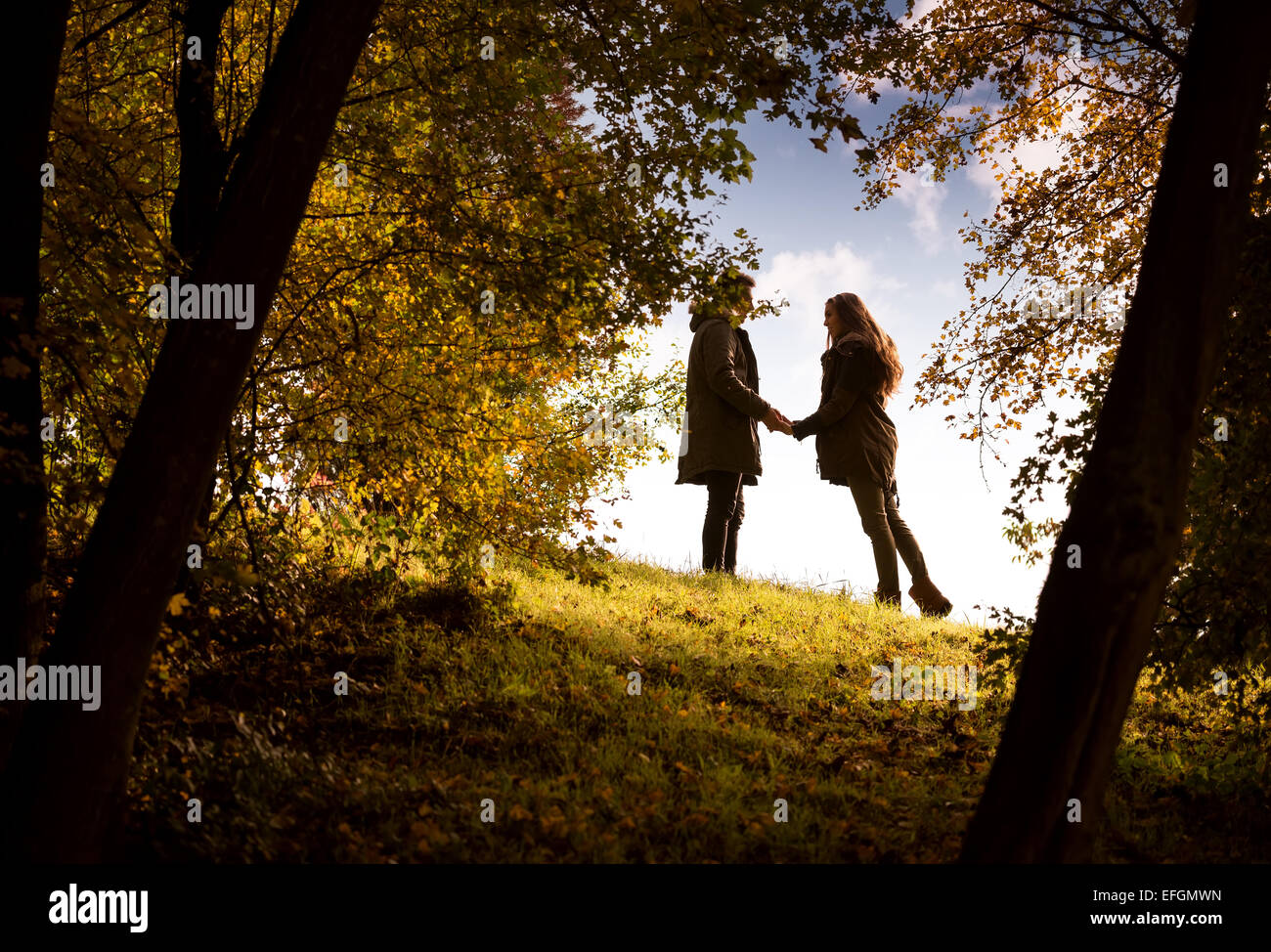 Lovers holding hands walking in the autumn park Stock Photo - Alamy