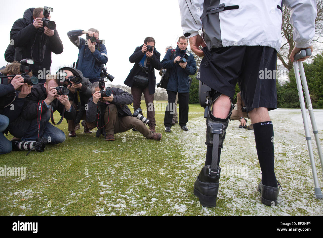 London, UK. 4th February, 2015. The world’s first lower-limb bionic exo-skeleton helps people living with partial paralysis, spinal injury, post-stroke and post-polio syndrome, walk naturally again. John Simpson is the first patient in the UK to wear the C-brace allowing him to walk naturally for the first time in over 40 years. Credit:  Jeff Gilbert/Alamy Live News Stock Photo