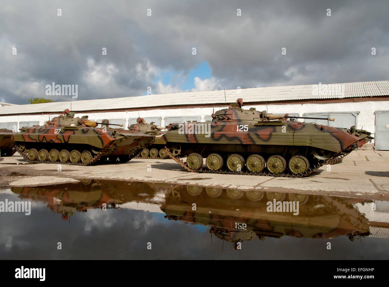 Group fighting vehicles BMP-2 preparing to march Stock Photo