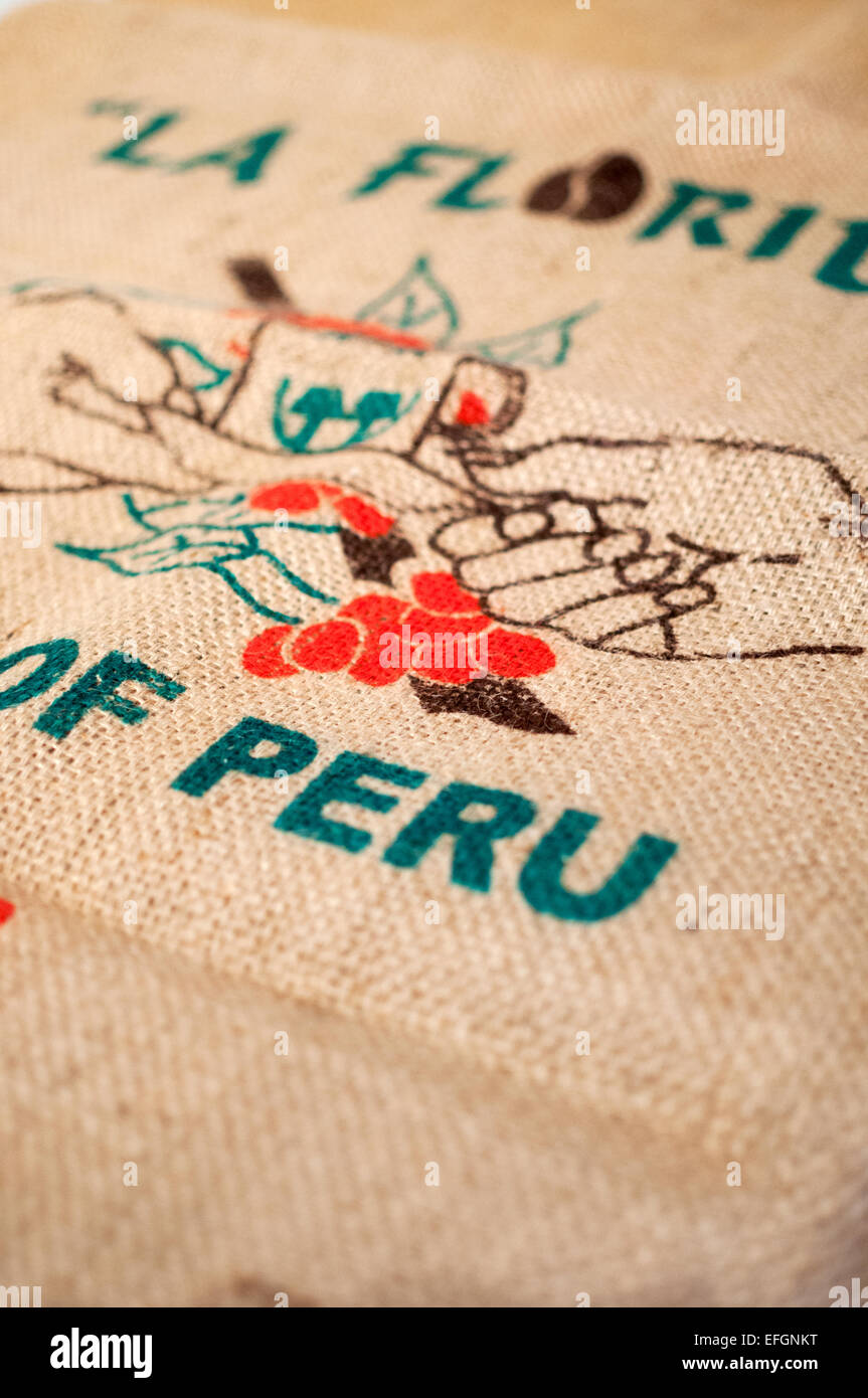Illustration on a hessian coffee bean sack Stock Photo - Alamy