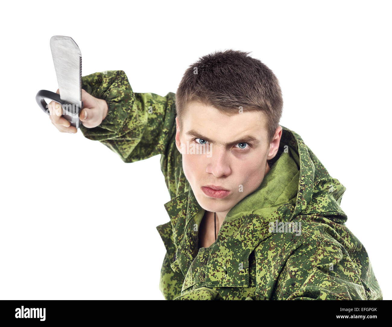young military man with machete, isolated on white Stock Photo