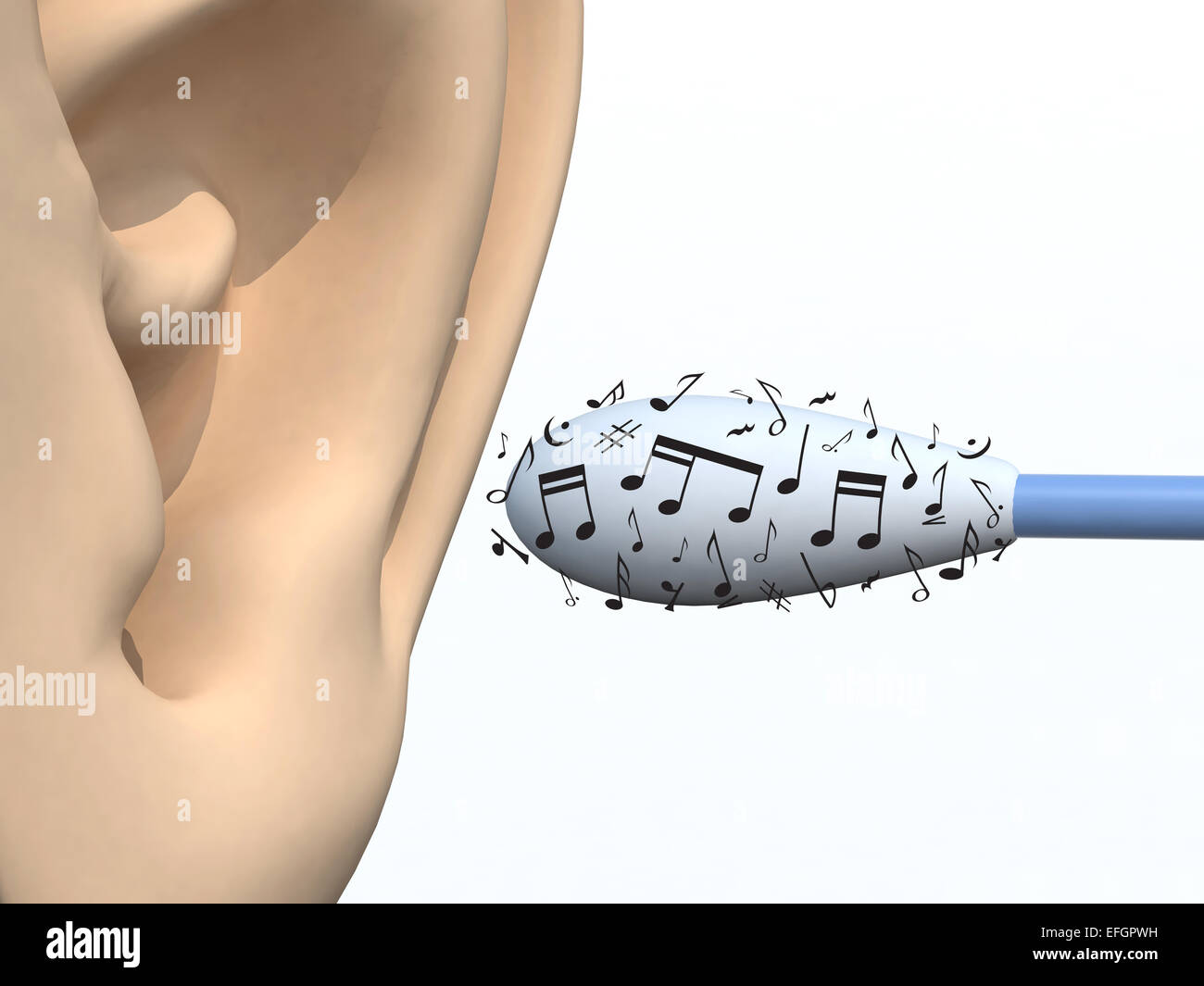 human ear and cotton swabs with musical notes, 3d illustration isolated
