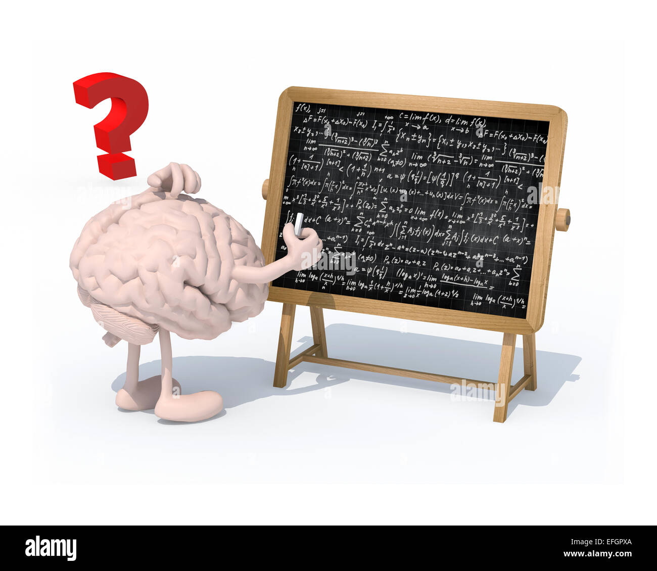 brain with arms, legs and chalk on hand in front of blackboard with math formulas, 3d illustration Stock Photo
