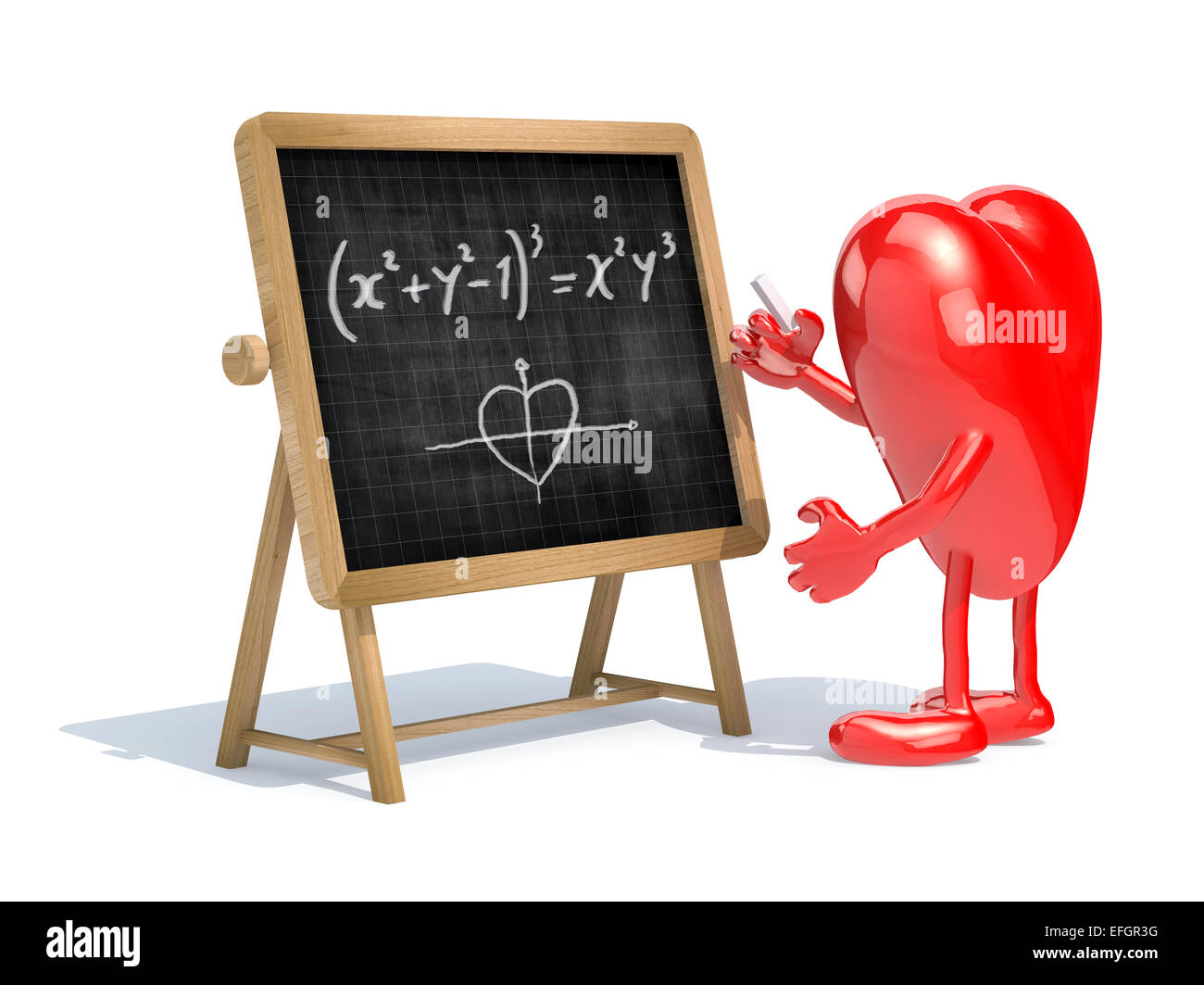 heart with his arms and legs in front of the blackboard writing a mathematical formula Stock Photo