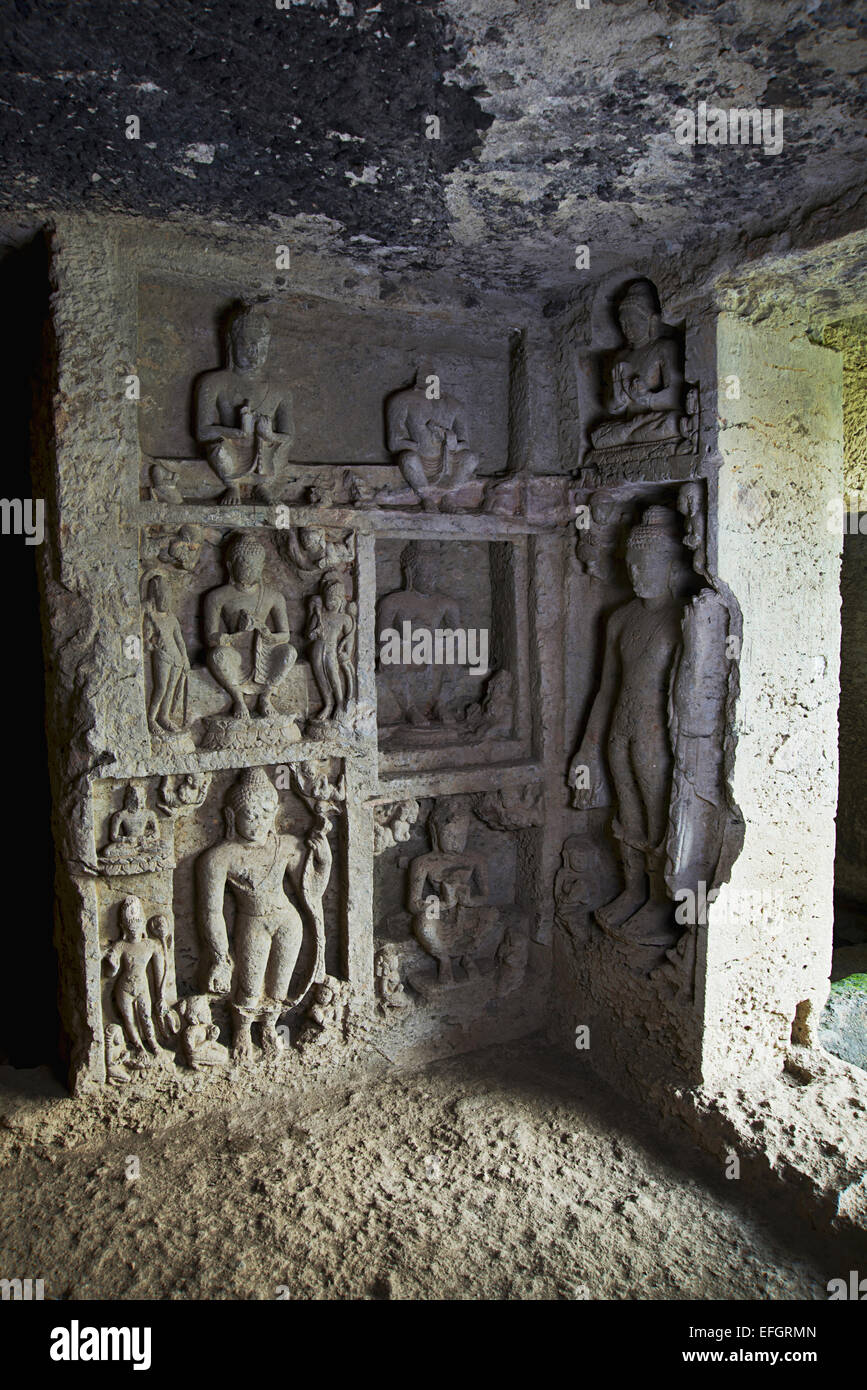 Cave 90 Buddhas on the right corner of the main hall. Kanheri Caves Borivali, Mumbai, India. Stock Photo