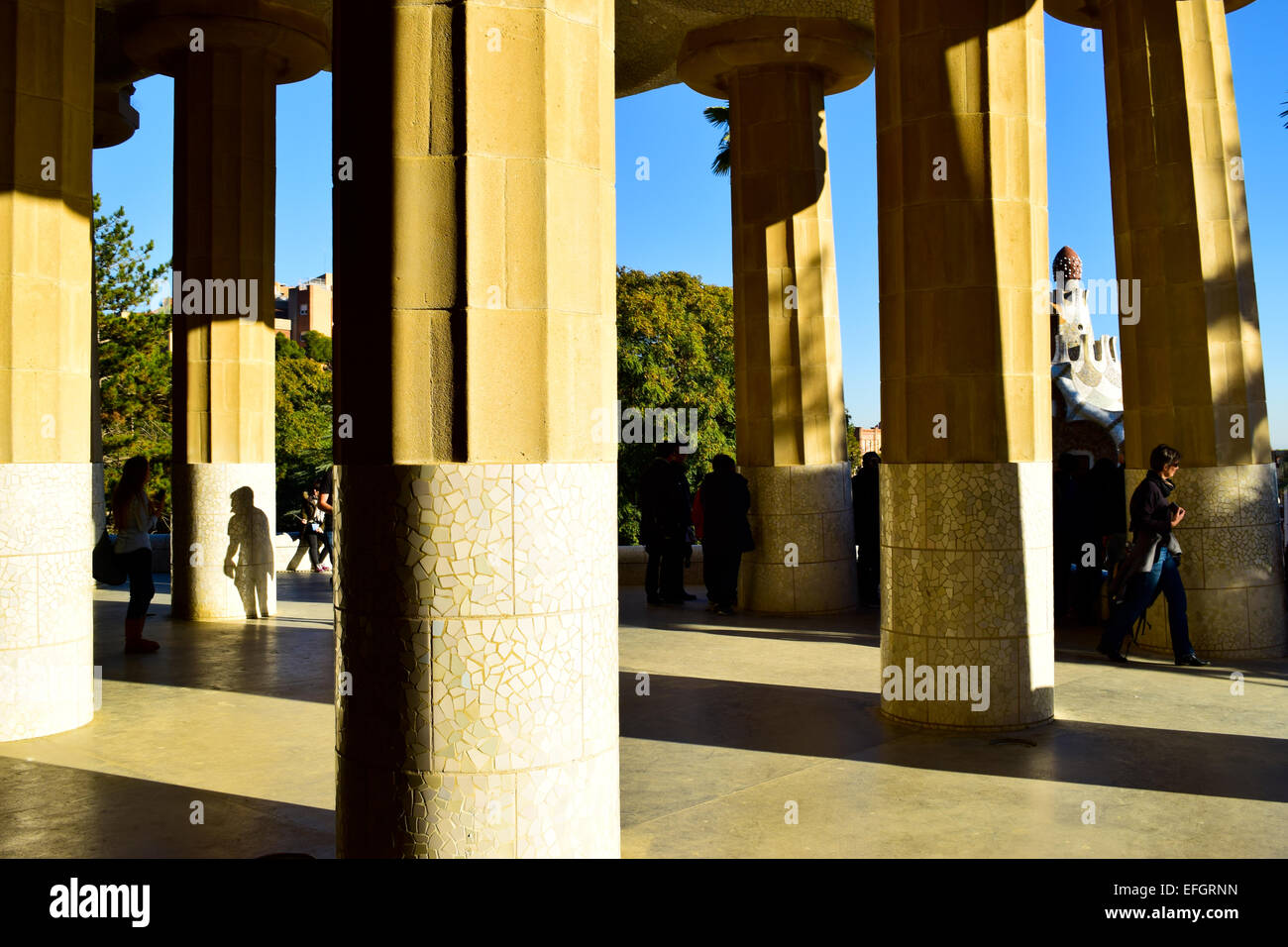 Park Guell by Antoni Gaudi architect. Doric columns supporting the terrace. Barcelona, Catalonia, Spain Stock Photo