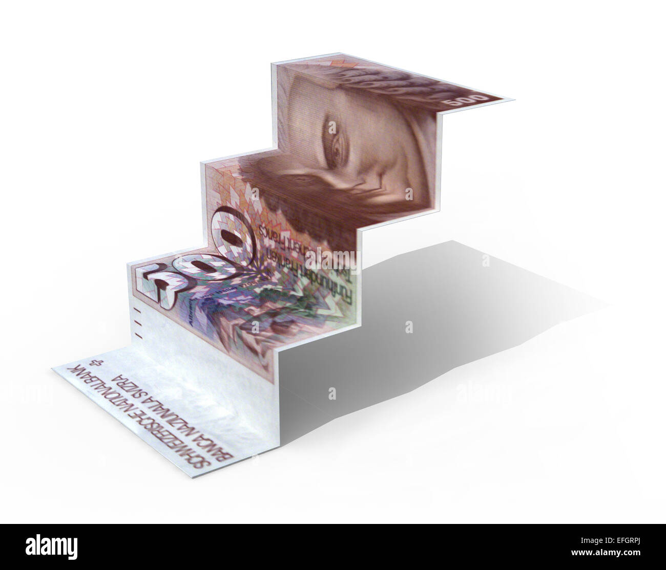 500 swiss franc banknote folded as steps on white background, 3d ...