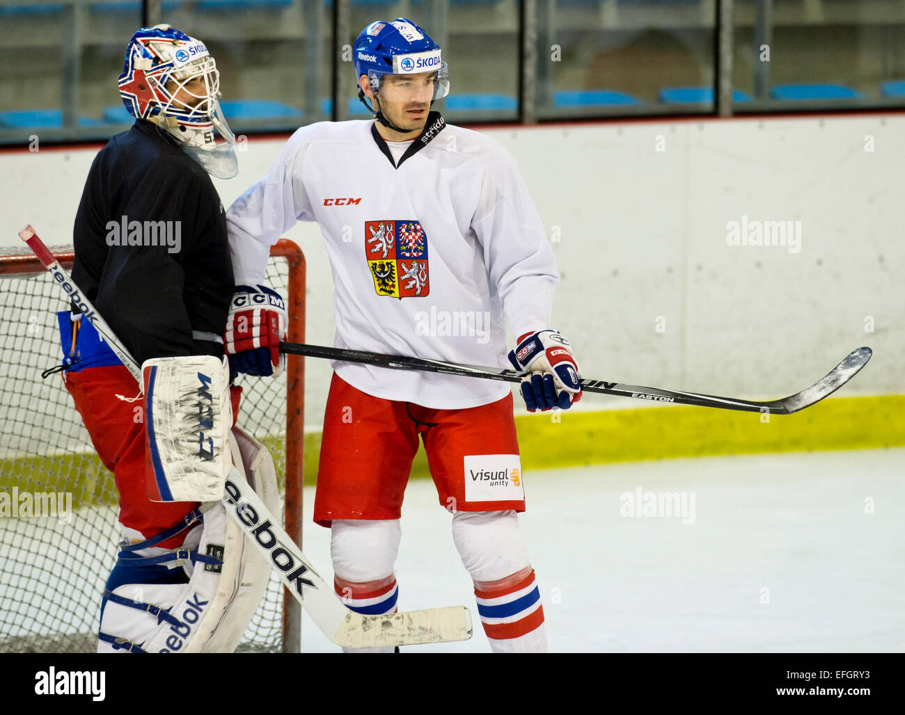 Goalkeeper Alexander Salak and Jan Kolar, new players of Czech National Ice Hockey Team, are seen during the training session of Czech team in Prague, Czech Republic, February 4, 2015, prior to the Euro Hockey Tour match against Russia. (CTK Photo/Vit Simanek) Stock Photo