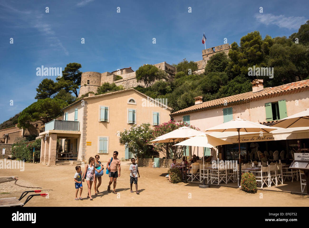 Toursts on the Island of Port Cros, Var, PACA, Provence-Alpes-Cote d'Azur, France Stock Photo