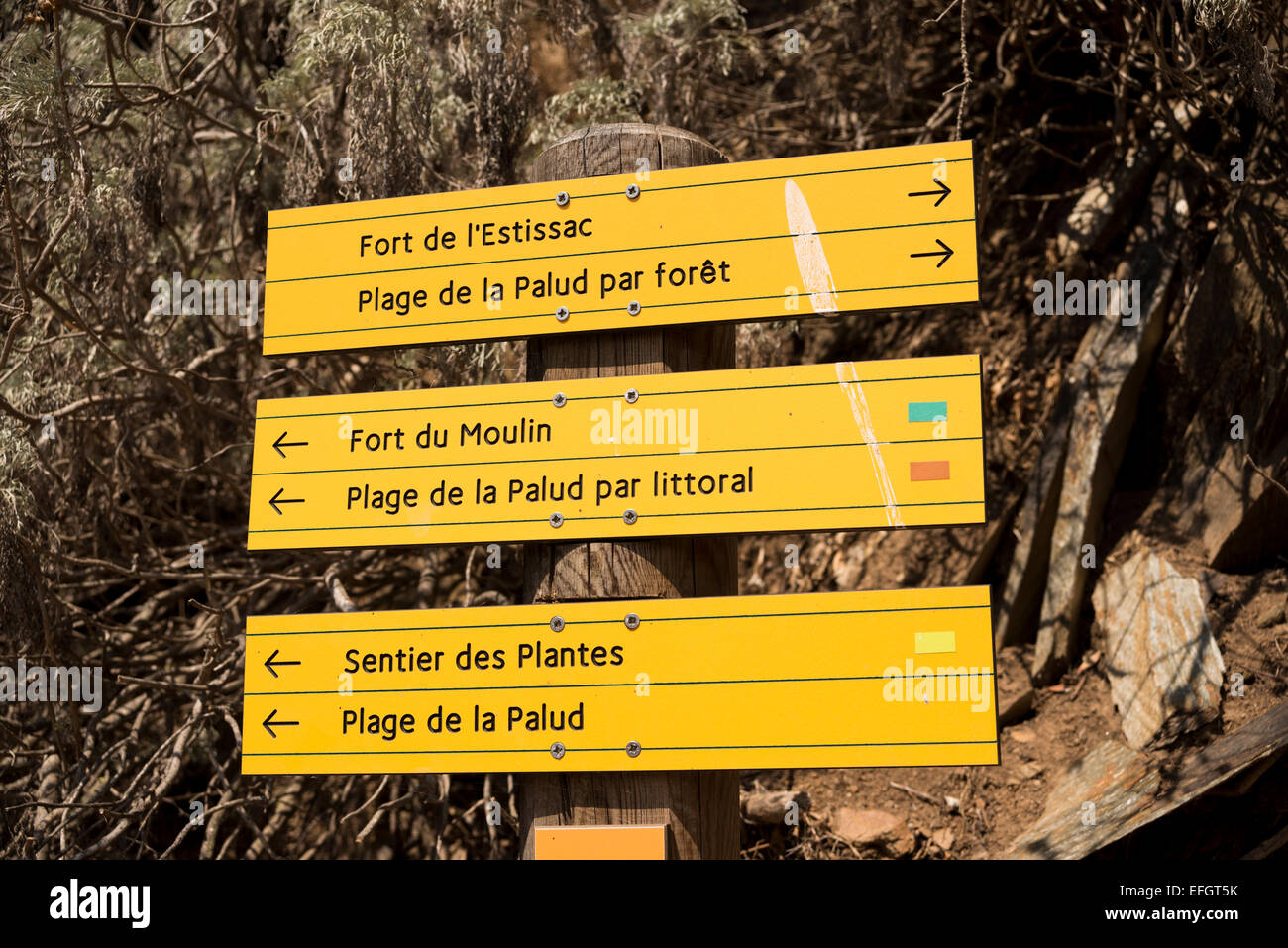 Signpost for directions to various places on the Island of Port Cros, Var, PACA, Provence-Alpes-Cote d'Azur, France Stock Photo