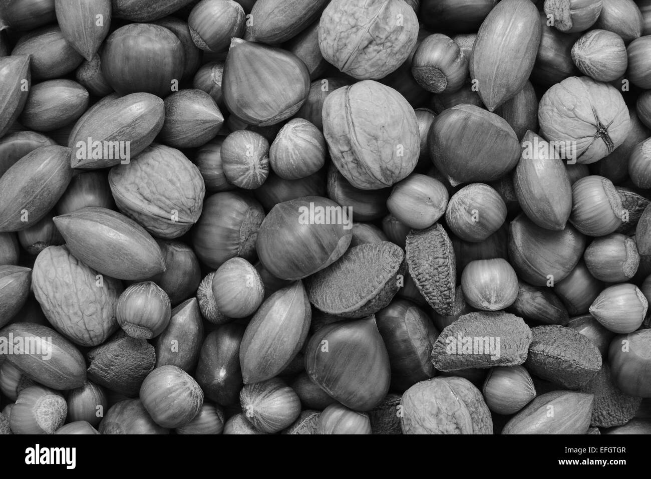 Mixed nuts - chestnuts, pecans, walnuts, brazils and hazelnuts - as an abstract background texture Stock Photo