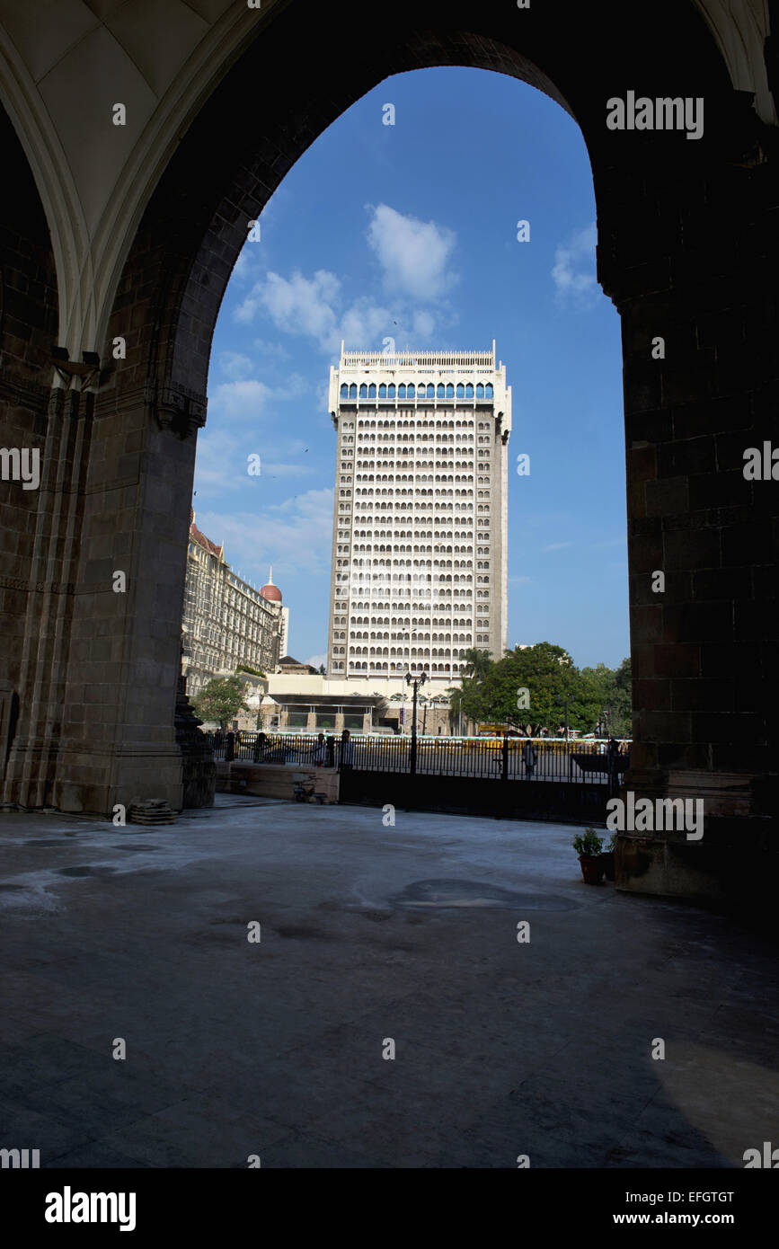 New Taj hotel opposite Gateway of India. View from one of the arch of Gateway of India. Mumbai India Stock Photo