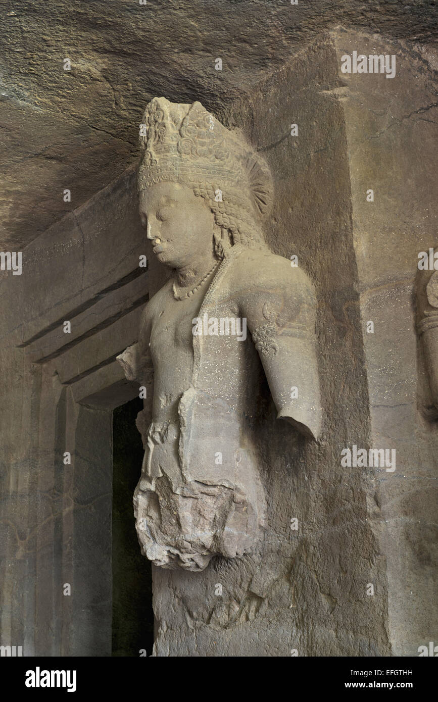 Cave 1 One of the Dwarpala or Guardians on the linga shrine Elephanta Caves, Mumbai India Stock Photo