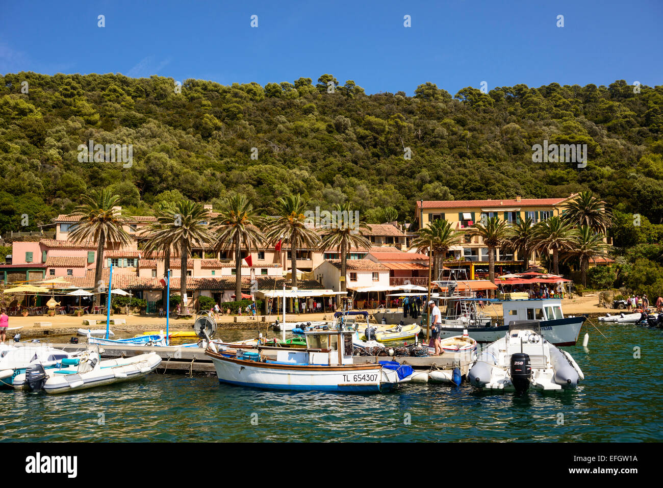 View of the harbour on the Island of Port Cros, Var, PACA, Provence-Alpes-Cote d'Azur, France Stock Photo