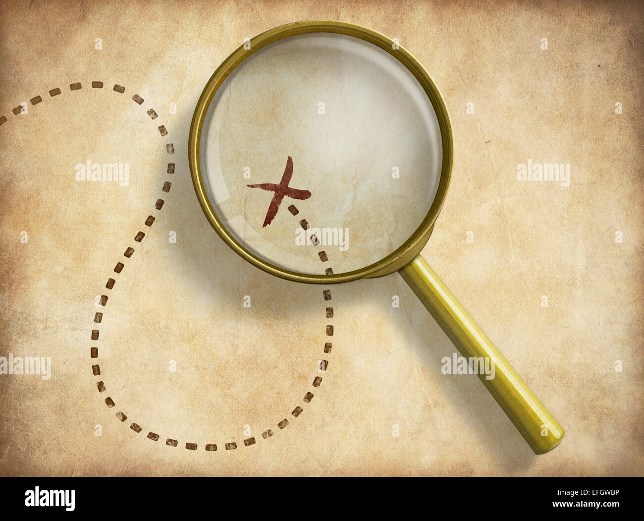 Magnifying glass and track with marked location on old map. Path finding concept. Stock Photo
