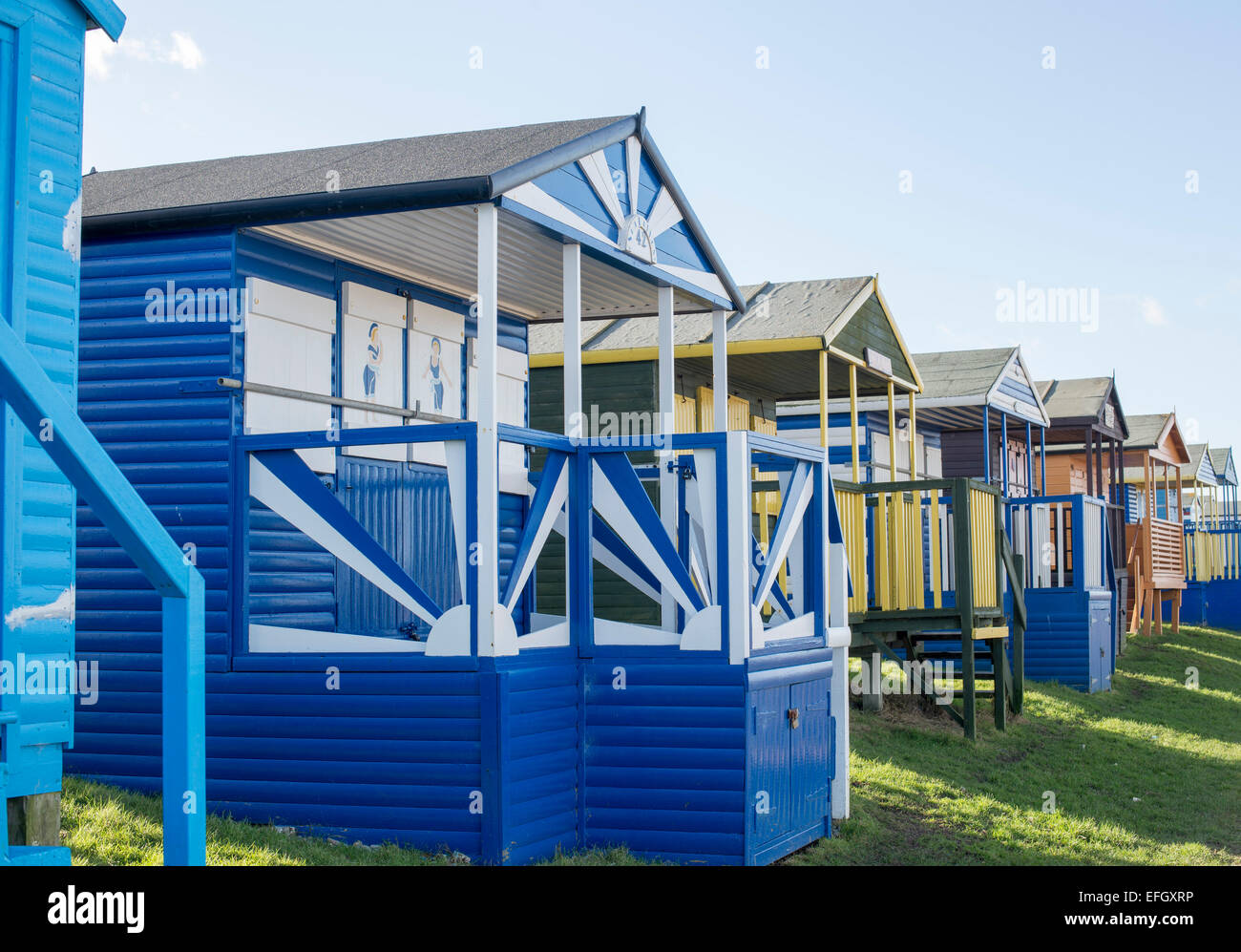 Colourful Beach huts at Tankerton near Whitstable, Kent, UK Stock Photo