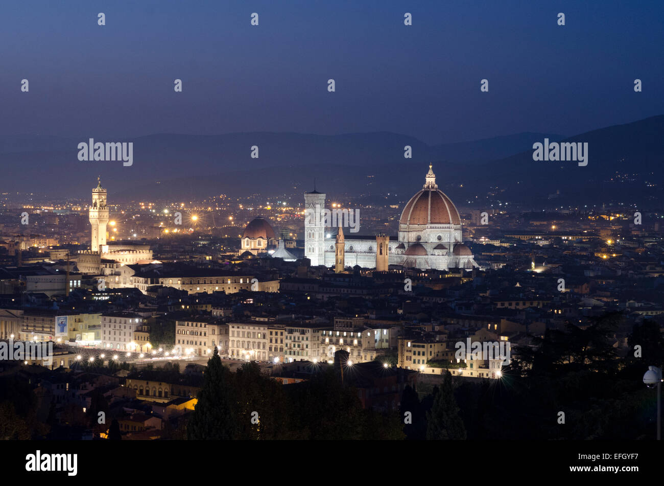 Evening shot of Florence showing cathedral, bell tower and other landmarks Stock Photo