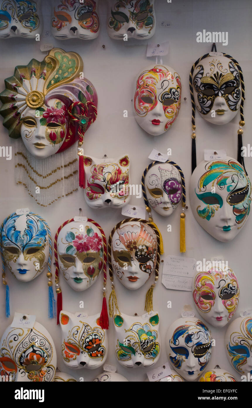 Venetian masks on display in a shop window in Venice, Italy Stock Photo ...