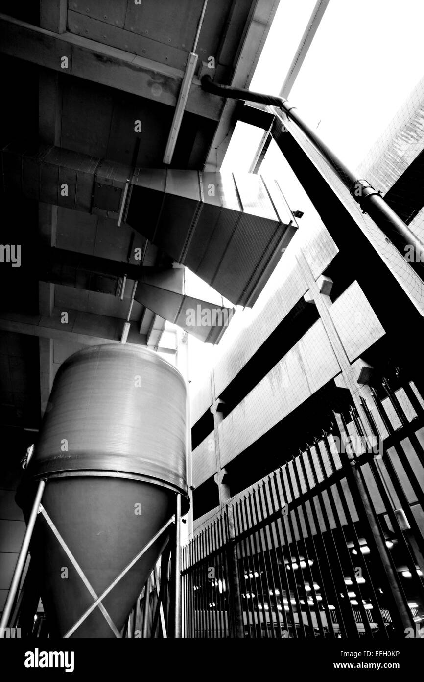 Biomass boiler and ventilation shaft at biomass plant, black and white Stock Photo