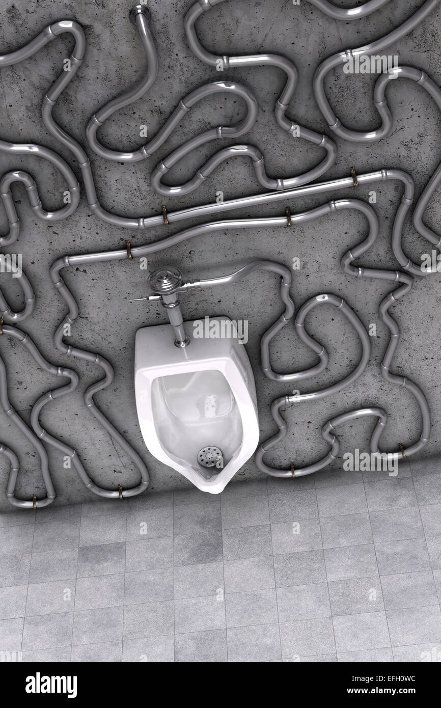 Bathroom urinal with very complex plumbing Stock Photo Alamy