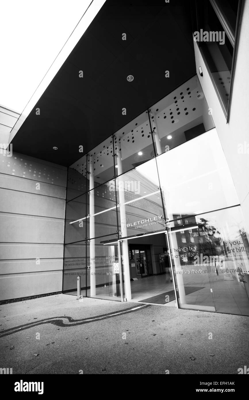 Glass walled entrance of car dealership showroom,  black and white Stock Photo