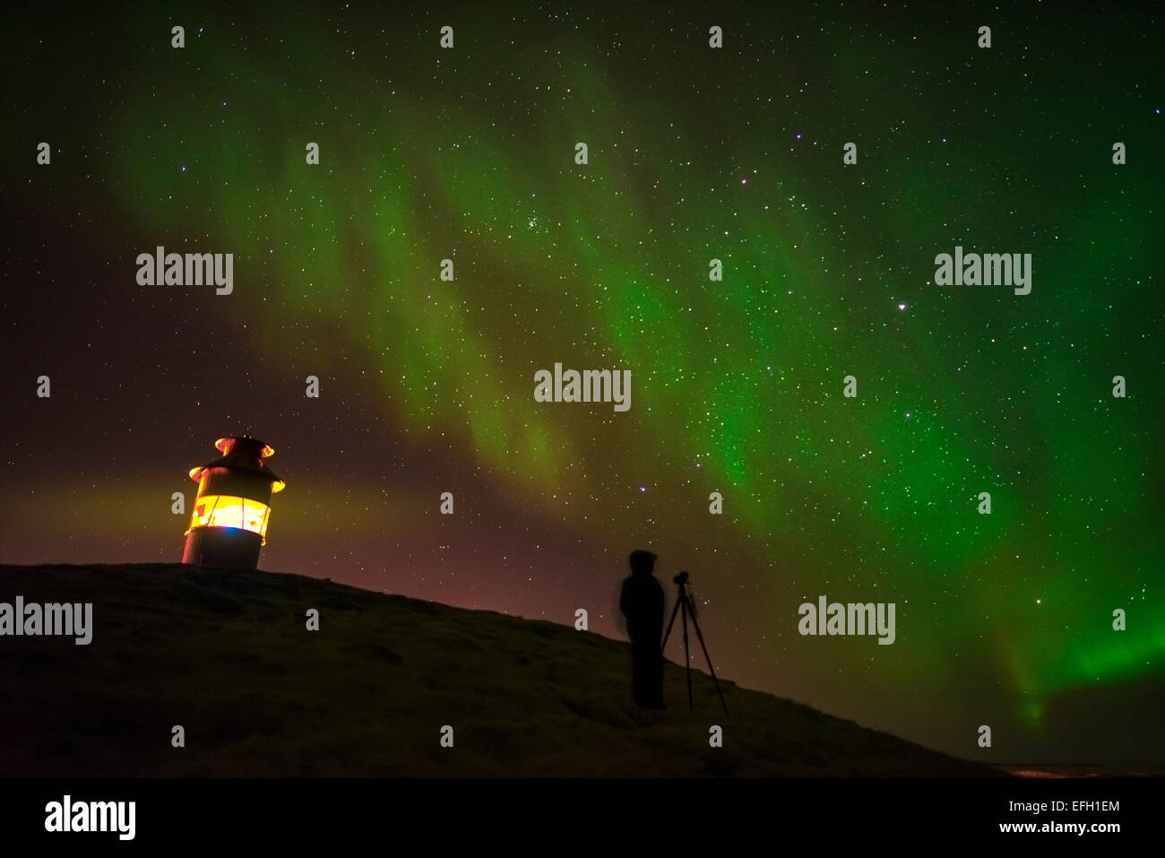 Photographing the Aurora Borealis, Snaefellsnes Peninsula, Iceland Stock Photo