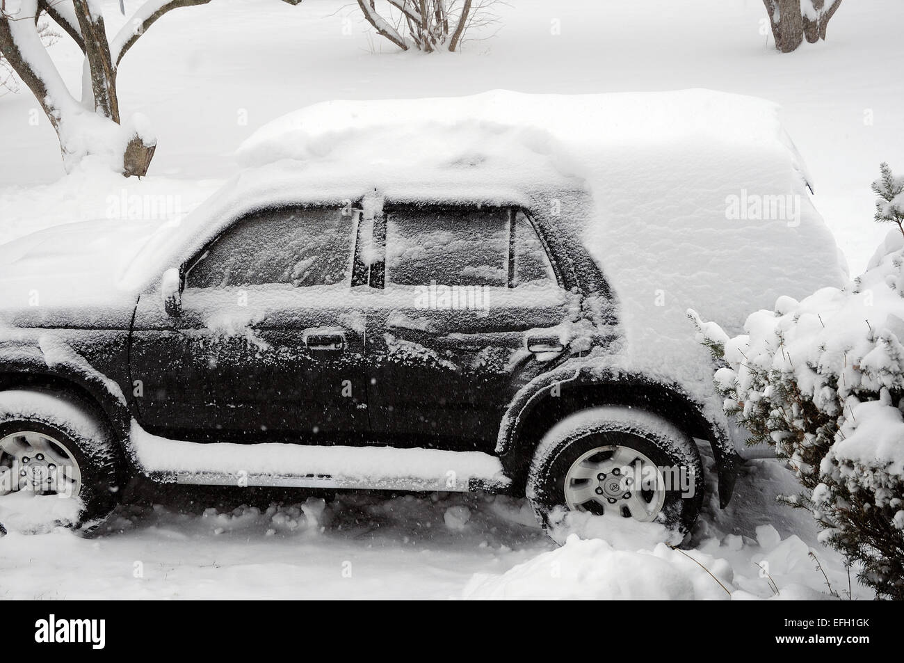 SUV covered in snow after storm Stock Photo
