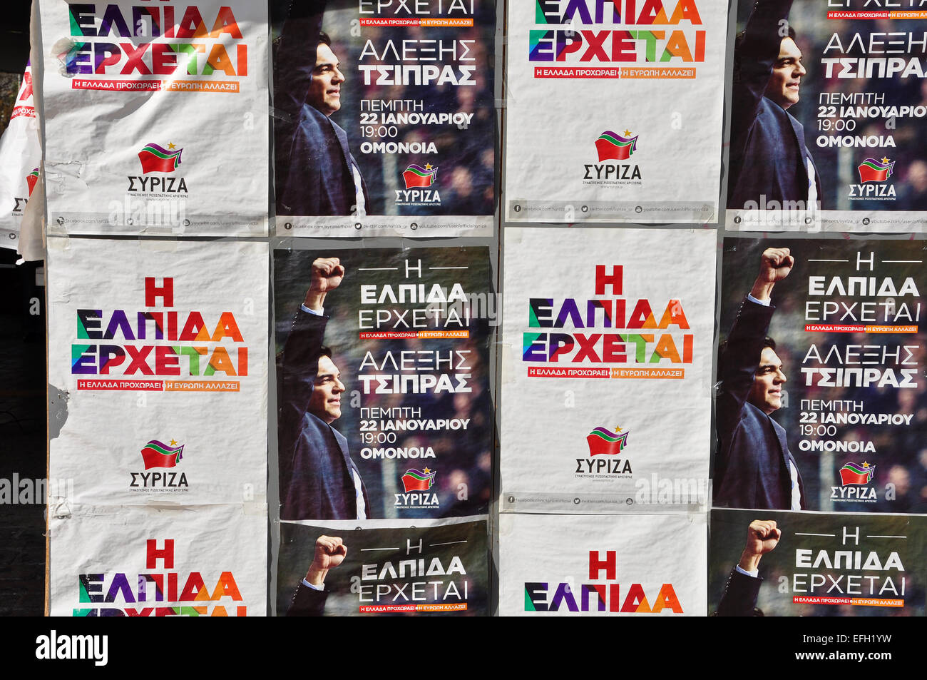 Political campaign posters for Syriza - Coalition of the Radical Left winner of the January 25, 2015 greek national elections. Stock Photo