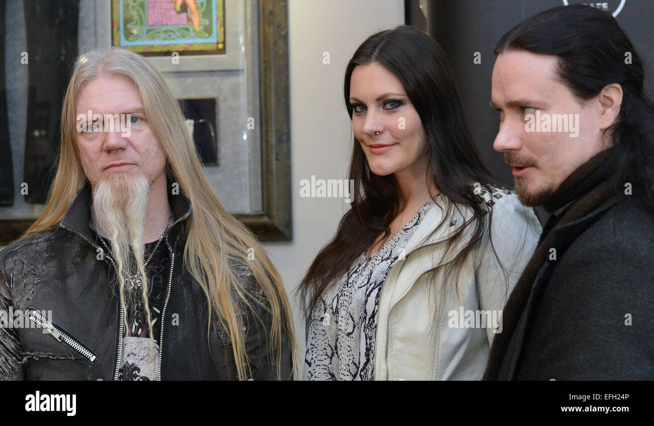 Prague, Czech Republic. 3rd Feb, 2015. Left to right: bassist Marco Hietala, singer Floor Jansen and composer and keyboardist Tuomas Holopainen of group Nightwish from Finland present their new album in Prague, Czech Republic, on Tuesday, February 3, 2015. © Michal Dolezal/CTK Photo/Alamy Live News Stock Photo