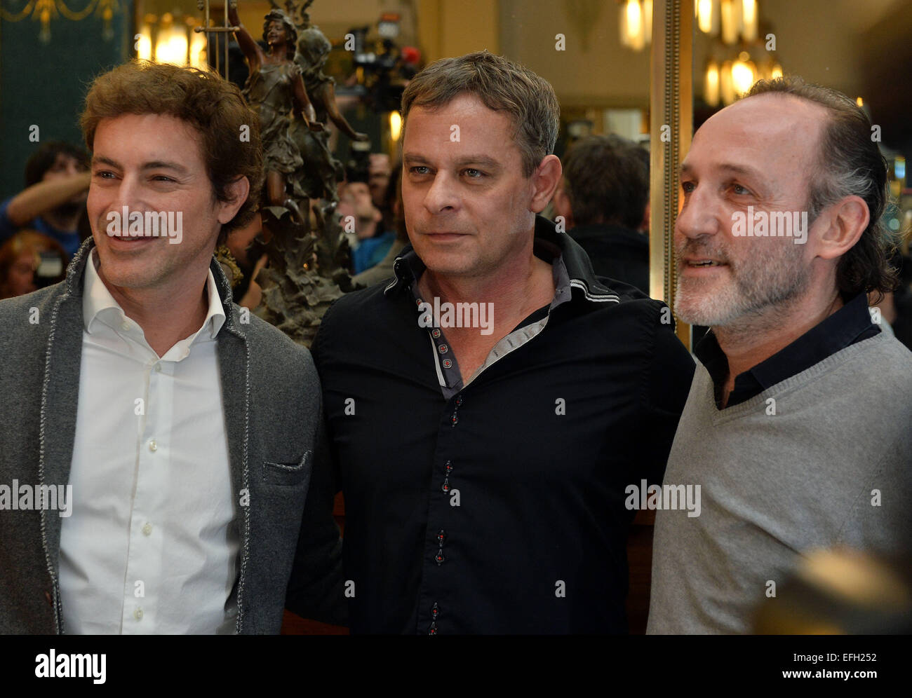 From left: German actor Gedeon Burkhard, director Filip Renc and Austrian actor Karl Markovics pose during the press conference on film about Czechoslovak film star Lida Baarova in Prague, Czech Republic, February 3, 2015. The lead role in the prepared Czech film about actress Baarova, who was mistress of Nazi Germany´s Propaganda Minister Joseph Goebbels before the war, will play Slovak actress Tana Pauhofova. Austrian actor Karl Markovics will play Goebbels, while one of the most famous German actors, Gedeon Burkhard, was cast for the role of actor Gustav Froehlich, who was Baarova´s partner Stock Photo