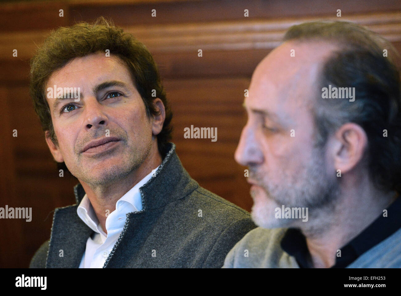 From left: German actor Gedeon Burkhard and actor Karl Markovics pose during the press conference on film about Czechoslovak film star Lida Baarova with director Filip Renc in Prague, Czech Republic, February 3, 2015. The lead role in the prepared Czech film about actress Baarova, who was mistress of Nazi Germany´s Propaganda Minister Joseph Goebbels before the war, will play Slovak actress Tana Pauhofova. Austrian actor Karl Markovics will play Goebbels, while one of the most famous German actors, Gedeon Burkhard, was cast for the role of actor Gustav Froehlich, who was Baarova´s partner both Stock Photo