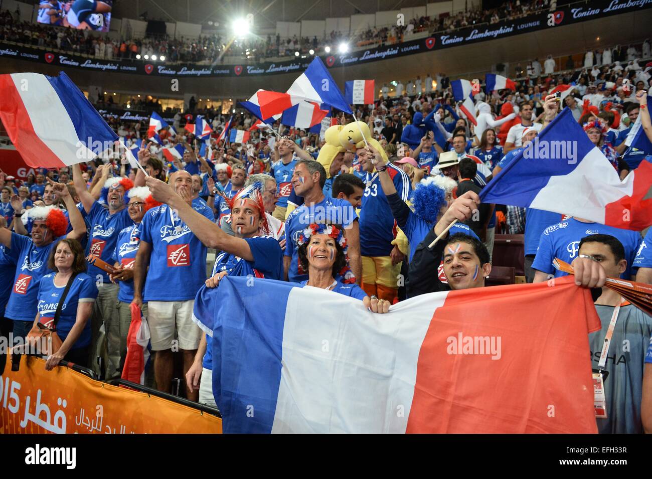 01.02.2015. Qatar, UAE. IHF Mens World Championships Handball final. Qatar versus France.  Supporters of France with flags and face paint France beat Qatar in the final by a score of 25-22. Stock Photo